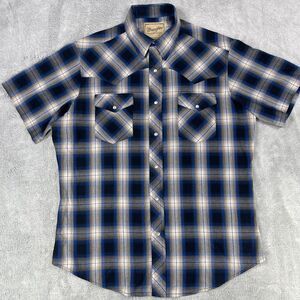 Wrangler Shirt Mens Large Blue Black Plaid Pearl Snap Cowboy Western Adult